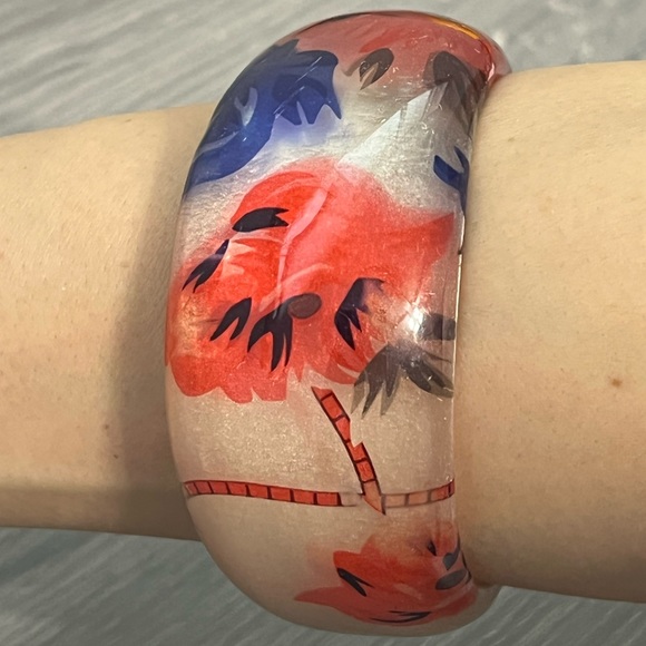 Vintage Plastic Bangle Bracelet, Pearl White w/ Blue and Red Floral Design, Boho - Picture 3 of 5